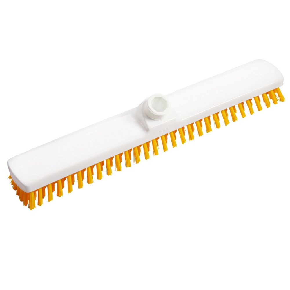 Le balai large Haug PBT Dur de Haug Bürsten KG est une brosse de nettoyage blanche, plate et rectangulaire avec des poils rigides PBT Dur jaunes et une fixation supérieure pour le manche, conçu pour le nettoyage professionnel. La vue latérale montre l'agencement des poils.