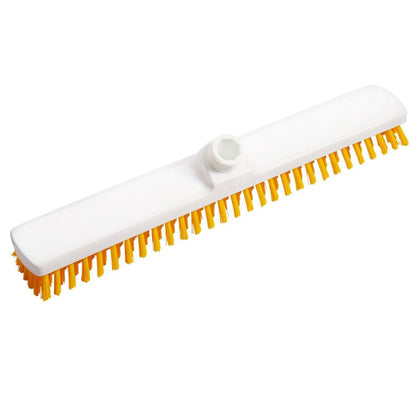 Le balai large Haug PBT Dur de Haug Bürsten KG est une brosse de nettoyage blanche, plate et rectangulaire avec des poils rigides PBT Dur jaunes et une fixation supérieure pour le manche, conçu pour le nettoyage professionnel. La vue latérale montre l'agencement des poils.