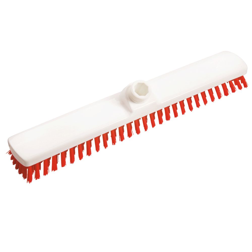 Image du balai large Haug Bürsten KG PBT Dur 400x60x26 mm avec une poignée en plastique blanc et des poils rouges durables, idéal pour le nettoyage professionnel. Il dispose d'un point de fixation pour attacher un manche en haut, garantissant des résultats approfondis.