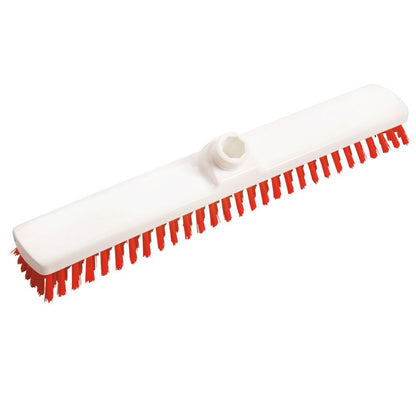 Image du balai large Haug Bürsten KG PBT Dur 400x60x26 mm avec une poignée en plastique blanc et des poils rouges durables, idéal pour le nettoyage professionnel. Il dispose d'un point de fixation pour attacher un manche en haut, garantissant des résultats approfondis.