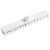La raclette grand format Haug en PBT dur, 400 x 60 x 26 mm, de Haug Bürsten KG est une tête de balai blanche et rectangulaire, dotée de poils en PBT rigides disposés en rangées et d'une douille centrale permettant de la fixer au manche ; elle est idéale pour le nettoyage professionnel et le récurage efficace des surfaces.