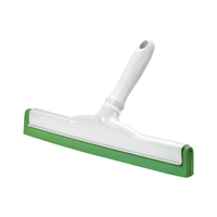 A Haug window squeegee with a white and green food-grade rubber blade and a plastic handle suitable for hygienic applications is shown against a plain white background. Its wide blade is designed for cleaning windows or smooth surfaces and complies with HACCP standards for safety and cleanliness.