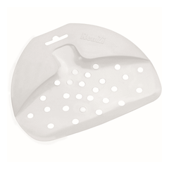The Haug PP Plate Scraper from Haug Bürsten KG is a white, triangular plastic dish rack made of polypropylene. It features round holes that are ideal for draining cutlery or small kitchen utensils, with an engraved logo on the surface and a notch at the top for easy hanging. This product complies with HACCP guidelines and is shipped in a single-unit package measuring 160 x 180 mm.
