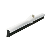 The Haug water scraper with interchangeable profile from Haug Bürsten KG is a white squeegee head with a double lip, a central mounting bushing, and a black rubber lip for excellent cleaning performance. With its minimalist and functional design, it efficiently removes water from flat surfaces. Dimensions: 420 x 35 x 25 mm.
