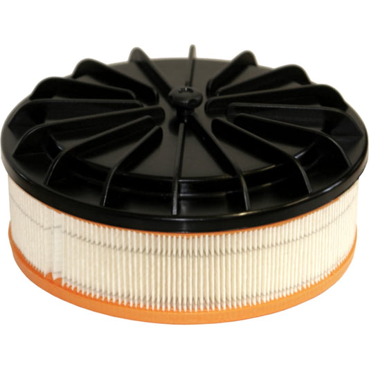 Der Arcora M5Plus Ersatz HEPA-Filter der Arcora International GmbH ist ein runder Filter mit orangefarbenem Boden, weißem plissiertem HEPA-Material und einem schwarzen Deckel mit radialen Stützrippen.