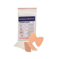 Pictured is a package of Holthaus Medical YPSIPLAST® Bandage Set, DIN, manufactured by Holthaus Medical GmbH & Co. KG. The 14-piece set includes 4 adhesive bandages (6 x 10 cm), 2 fingertip and finger bandages, 2 butterfly bandages, and 6 small adhesive bandages. Some of the items are shown outside the package.