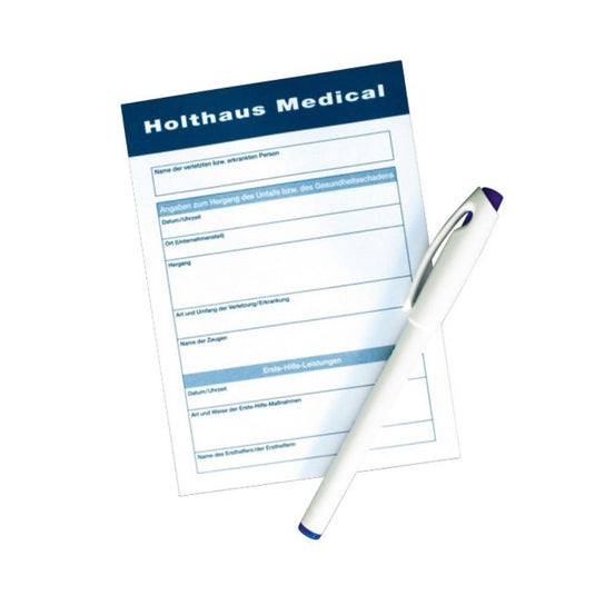 Il blocco di registrazione Holthaus Medical della Holthaus Medical GmbH & Co. KG contiene le sezioni necessarie per una documentazione accurata, relative ai dati personali e agli eventi clinici. Sul modulo è raffigurata una penna a inchiostro su uno sfondo bianco semplice.