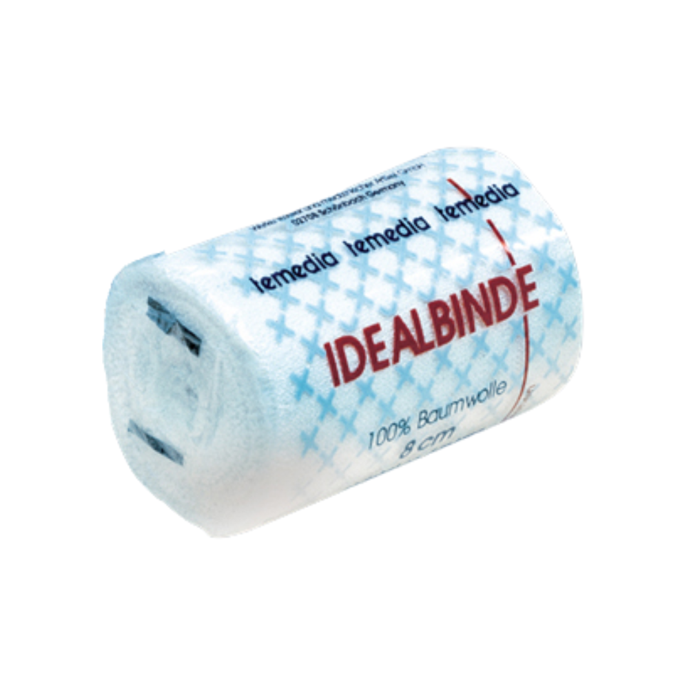 Un bandage en gaze blanche roulé avec l'inscription « Holthaus Temedia® Idealbinde, avec attache de bandage - 1 bandage » et du texte rouge. L'emballage présente un motif de croix bleue et indique « 100 % coton » et « 8 cm ». Le nom de marque « Holthaus Medical GmbH & Co. KG » est répété en bleu en haut.