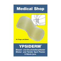 Boîte de « pansements pour ampoules Holthaus Ypsiderm® » de la société Holthaus Medical GmbH & Co. KG, contenant 6 pansements. La boîte comporte une illustration d'un pansement pour ampoules ainsi qu'un mode d'emploi pour les doigts et les orteils, avec des descriptions en allemand et en anglais. Idéal pour un traitement efficace des ampoules.