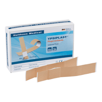 The image shows a box of Holthaus Ypsiplast® water-repellent finger bandages from Holthaus Medical GmbH & Co. KG. The box contains 50 bandages (2 x 12 cm) with blue-and-white lettering. Two bandages are displayed on the front of the box. The text provides product information and states that the bandages are manufactured in Germany and are ideal for finger wounds.