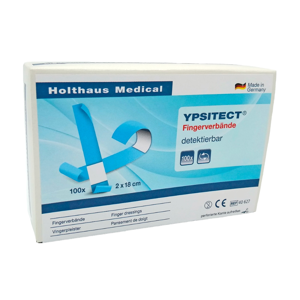 A box of Holthaus Ypsitect® detectable plasters by Holthaus Medical GmbH & Co. KG. The predominantly blue and white box contains 100 elastic finger bandages measuring 2 x 18 cm. The packaging is ideal for wound care and proudly highlights that the product is made in Germany.