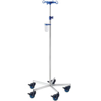 Le pied à perfusion Novocal antimagnétique pour IRM, en acier inoxydable (diamètre des tubes : 25/18 mm), est équipé de quatre crochets, d'une tige réglable, de cinq roulettes et d'un petit récipient transparent, pour une mobilité optimale.