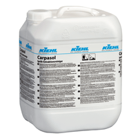 A white 10-liter plastic canister labeled "Kiehl Carpasol Spray-Extraction Cleaner" by Johannes Kiehl KG, intended for cleaning carpets and upholstery, features pages with detailed product information and safety instructions in several languages.