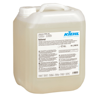 Bidon de 10 litres « Kiehl Rollomat – Nettoyant pour escaliers roulants et trottoirs roulants » de la société Johannes Kiehl KG, comportant les informations sur le produit imprimées, un bouchon à vis et une poignée. Convient au nettoyage des escaliers roulants et des trottoirs roulants.