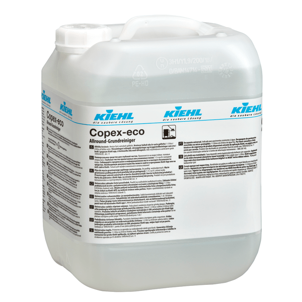 In un contenitore di plastica trasparente con coperchio bianco si trova il Kiehl Copex-eco Allround-Grundreiniger della Johannes Kiehl KG, un detergente ecologico per una pulizia efficace delle superfici. Sull'etichetta ci sono informazioni sul prodotto, istruzioni per l'uso e marchio in nero e blu.