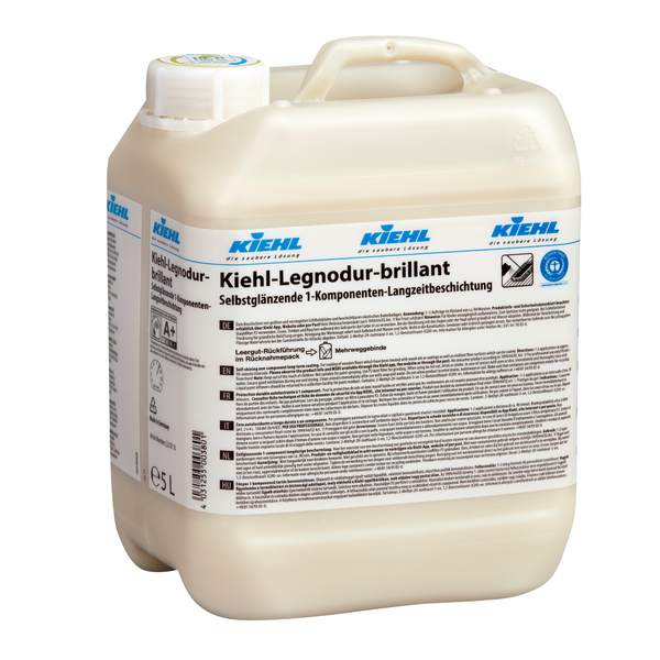 Ein beigefarbener 5-Liter-Kunststoffbehälter der Johannes Kiehl KG Kiehl-Legnodur-brillant Selbstglänzende 1-Komponenten-Permanentbeschichtung mit blauer und schwarzer Schrift und einem weißen Schraubverschluss, verkauft als Karton mit 2 Flaschen.