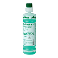 Un flacon de concentré « Kiehl Ambital-eco » pour l'entretien des surfaces de la société Johannes Kiehl KG, un concentré de nettoyage écologique de couleur verte, comportant des inscriptions en allemand, des consignes d'utilisation et des symboles écologiques sur le devant.