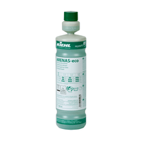 The 1-liter bottle of Kiehl ARENAS-eco Liquid Heavy-Duty Detergent from Johannes Kiehl KG has a green cap, a white-and-green label, and an eco-friendly label featuring multilingual instructions, pictograms, and product information.