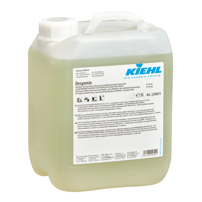10-liter plastic canister Kiehl Desgomin aldehyde- and quat-free liquid disinfectant cleaner concentrate by Johannes Kiehl KG, with white screw cap, handle, blue logo, and front product information label.