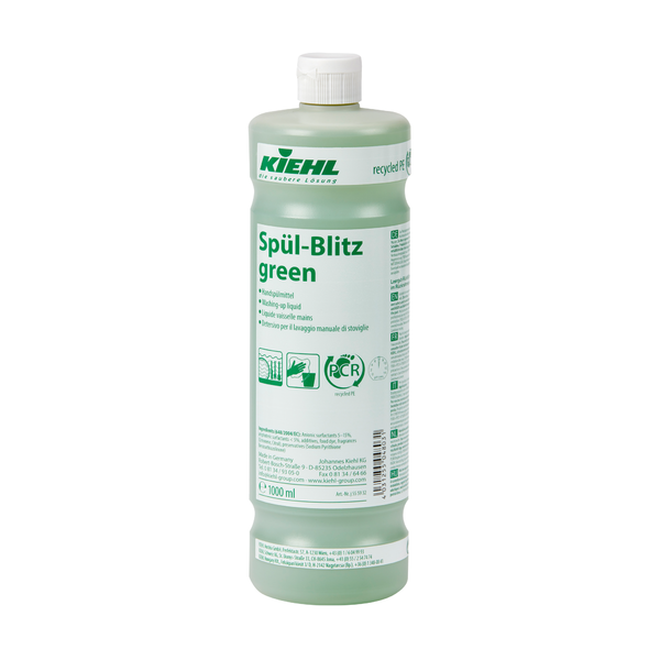 Una bottiglia da 1000 ml di detergente per piatti a mano Kiehl Spül-Blitz verde della Johannes Kiehl KG con tappo bianco, etichetta verde con testo multilingue e simboli di riciclaggio; contiene un liquido verde chiaro biodegradabile.