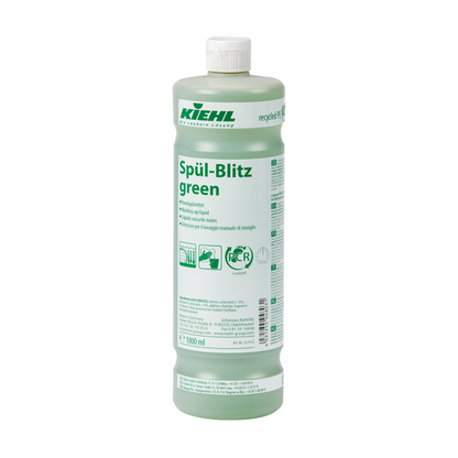 Una bottiglia da 1000 ml di detergente per piatti a mano Kiehl Spül-Blitz verde della Johannes Kiehl KG con tappo bianco, etichetta verde con testo multilingue e simboli di riciclaggio; contiene un liquido verde chiaro biodegradabile.