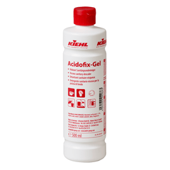 The white 500-ml plastic bottle of Johannes Kiehl KG Acidofix-Gel Viscous Sanitary Cleaner features a red cap and a label with multilingual instructions and symbols for removing limescale. Sold in cartons of 12 bottles.