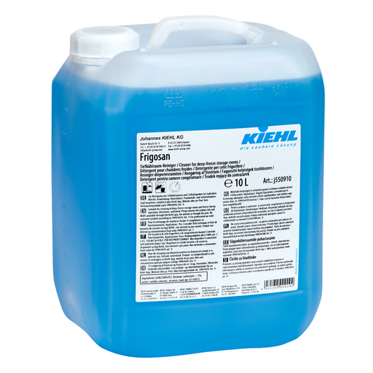 Ein 10-Liter-Kanister Kiehl Frigosan Tiefkühlraum-Reiniger der Johannes Kiehl KG, gefüllt mit blauer Flüssigkeit, durchscheinend. Das Etikett enthält Anweisungen, Warnhinweise und mehrsprachige Informationen.