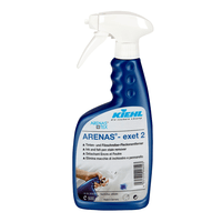 Un flacon de 500 ml de détachant pour taches d'encre et de feutre « ARENAS-exet 2 » de la marque Johannes Kiehl KG est muni d'une tête de pulvérisation blanche et d'une étiquette bleue multilingue ; il est disponible dans un carton contenant 6 flacons.