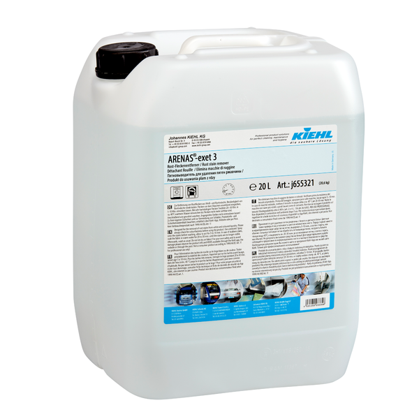 Ein 20-Liter-Behälter aus transluzentem Kunststoff mit dem Kiehl ARENAS-exet 3 Rost-Fleckenentferner der Johannes Kiehl KG mit schwarzem Schraubverschluss und mehrsprachigen Produktetiketten und Hinweisen auf der Vorderseite.