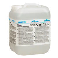 A large, transparent plastic container with a white lid and handle, manufactured by Johannes Kiehl KG, bears the label “Kiehl Rivas Surfactant-Free Intensive Cleaner” and features multilingual instructions, symbols, and text regarding the cleaning of various surfaces.