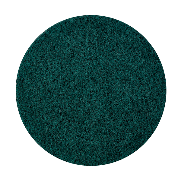 Ein Kiehl Woodmaster-Pad-Fine Schleifpad Körnung 120 rund der Johannes Kiehl KG, rund und dunkelgrün mit strukturierter Oberfläche und gleichmäßigen Kanten, steht auf weißem Grund - ideal für die präzise Holzbearbeitung.