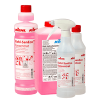 The image shows six empty 500-ml Kiehl-SanEco funnel bottles from Johannes Kiehl KG, each available with either a foam sprayer or a spray cap. The bottles are labeled with instructions for use.