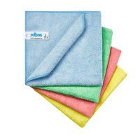Four Kiehl Microfiber Cloth Top Cleaning Cloths (38 x 38 cm, 300 g/sq m, loose) from Johannes Kiehl KG in blue, green, pink, and yellow are arranged in a fan; the top one is folded so that its underside and a white label with text are visible.