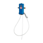 The blue wall dispenser Kiehl DosiJet 1P-16L Multidosing Dispenser from Johannes Kiehl KG features two white hoses, a gray lever, a brass connection, and a non-smoking sticker; max: 16 L/min.