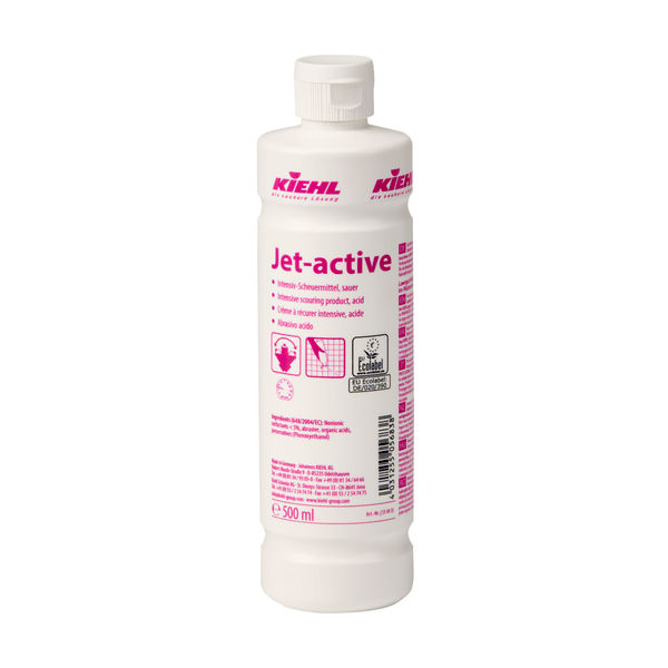 Kiehl Jet-active Intensive Scouring Agent, acidic, by Johannes Kiehl KG, 500 ml, white plastic bottle, with pink text and safety instructions on the label; suitable for stubborn dirt. The bottle has a white cap. Available in a box of 12.