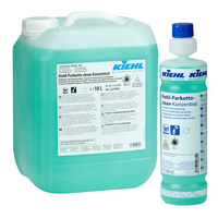 Six 1-liter bottles of Kiehl-Parketto-clean Concentrated Wood Floor and Laminate Cleaner by Johannes Kiehl KG, each with a blue-and-white label and a blue cap, packed in a cardboard box.
