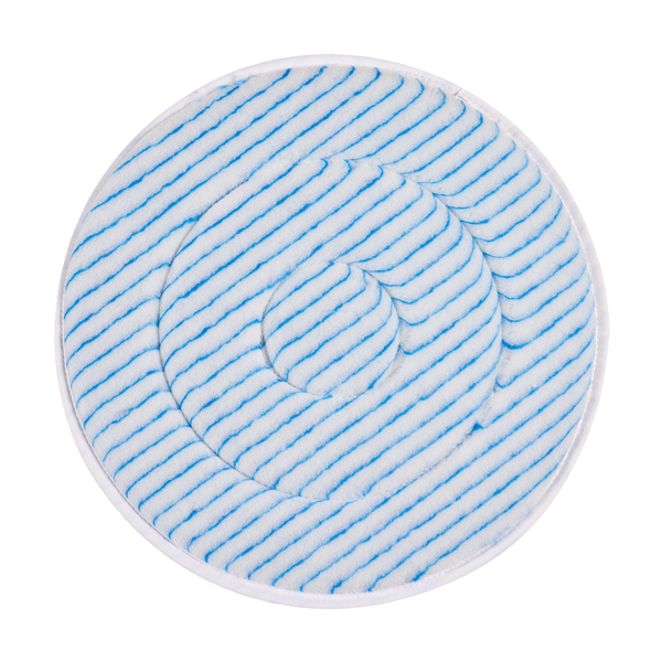 Das Kiehl Microfaserpad 17 Zoll (43,2 cm) von Johannes Kiehl KG ist ein rundes, weißes Pad mit blauen Spiralen und Feinborsten - optimal als Reinigungszubehör für effektive Oberflächenreinigung. Erhältlich im 5er-Pack.