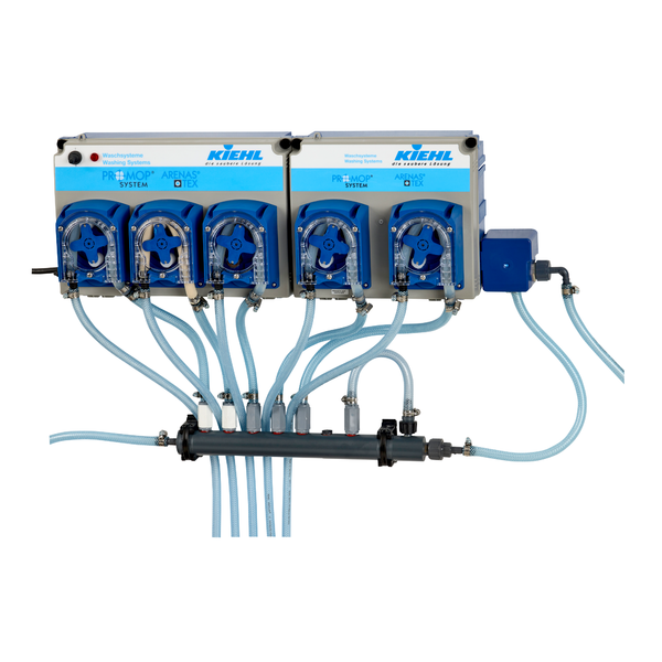 Il sistema di dosaggio Kiehl ARENAS-H5 della Johannes Kiehl KG è un dispositivo a parete con cinque pompe dosatrici (30-120 L/h), tubi trasparenti, distributore centrale, etichette e un modulo elettrico blu - ideale per l'uso industriale. Consegnato in una confezione.