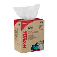 Une boîte de feuilles détachables WypAll® X60 General Clean de la société Kimberly-Clark GmbH (10 cartons de 126 feuilles chacun, blanches) permet de prélever une feuille par le haut. Le carton comporte le logo de la marque, des informations sur le produit et des illustrations illustrant des tâches de nettoyage dans l'industrie et les ateliers.