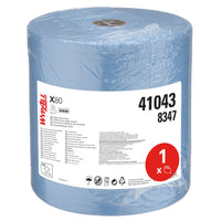 A large blue WypAll® X80 PowerClean jumbo roll (31.00 x 31.50 cm) from Kimberly-Clark GmbH, ideal for professional cleaning, packaged in plastic with a white label bearing the word "WypAll," code 41043, as well as recycling and handling symbols.