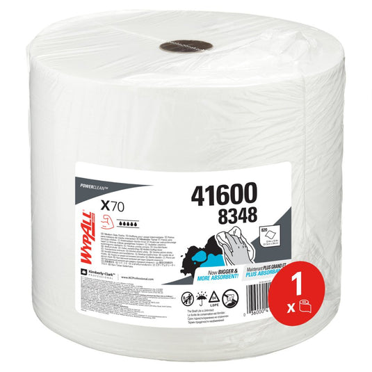 Die WypAll® X70 PowerClean Großrolle in Weiß von Kimberly-Clark GmbH (1 Rolle x 870 Blatt, Art.-Nr. 41600 8348) ist in klarem Kunststoff verpackt und ideal für die industrielle Reinigung.