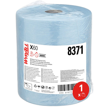 Il rotolo grande WypAll® X60 General Clean in blu di Kimberly-Clark GmbH (1 rotolo x 500 panni) è confezionato in plastica, porta il numero 8371, informazioni sul prodotto e icone - ideale per la pulizia professionale; etichetta con cerchio rosso "1 x".