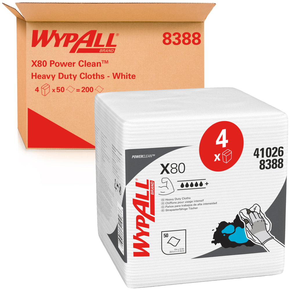 Ein Karton mit der Aufschrift "WypAll® X80 PowerClean - Viertelgefaltet / Weiß - 4 Bags x 50 Sheets | Karton (4 Beutel)" der Kimberly-Clark GmbH steht hinter einem Stapel Reinigungstücher mit Anwendungssymbolen und industriellen Reinigungsgrafiken auf seiner Verpackung.