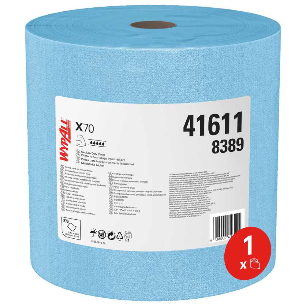 Eine große blaue WypAll® X70 PowerClean Großrolle der Kimberly-Clark GmbH (1 x 870 Blatt pro Rolle) trägt ein weißes Etikett mit Produktangaben, den Nummern 41611 und 8389 sowie einem roten "1 x"-Symbol - ideal für die industrielle Reinigung.