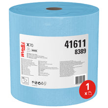 Eine große blaue WypAll® X70 PowerClean Großrolle der Kimberly-Clark GmbH (1 x 870 Blatt pro Rolle) trägt ein weißes Etikett mit Produktangaben, den Nummern 41611 und 8389 sowie einem roten "1 x"-Symbol - ideal für die industrielle Reinigung.