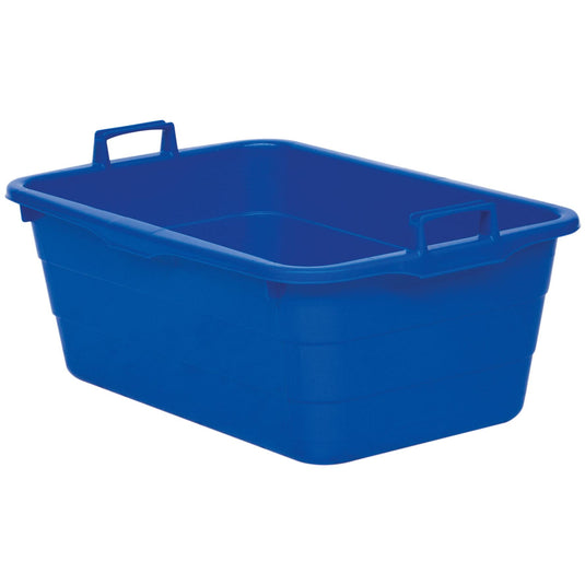 Un bac en plastique bleu Novocal (90 litres, 750 x 490 x 310 mm) muni de deux poignées, une sur chaque côté court. Ce bac de rangement robuste est vide et photographié sur fond blanc. Marque : Novocal.