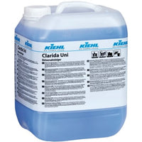 Un grand bidon semi-transparent de produit « Kiehl Clarida Uni » bleu, fabriqué par la société Johannes Kiehl KG, muni d'une étiquette blanche comportant des instructions détaillées et des pictogrammes, idéal pour le nettoyage des sols, est disponible chez Altruan.