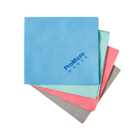 Four Kiehl ProMicro Standard microfiber cloths (35 x 38 cm, 170 g/sq m) from Johannes Kiehl KG are stacked in the colors blue, green, pink, and gray. The top blue cloth has "ProMicro" and care symbols printed on it in blue.