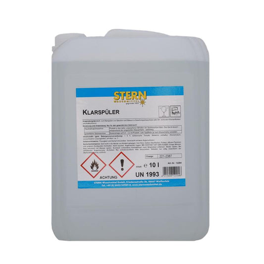 Ein weißer 10-Liter-Kunststoffbehälter mit der Aufschrift "STERN Klarspüler S" der Stern Waschmittel GmbH, mit deutscher Gebrauchsanweisung als Geschirrspüler Klarspüler für streifenfreien Glanz und Gefahrensymbolen für Entzündlichkeit und Vorsicht.