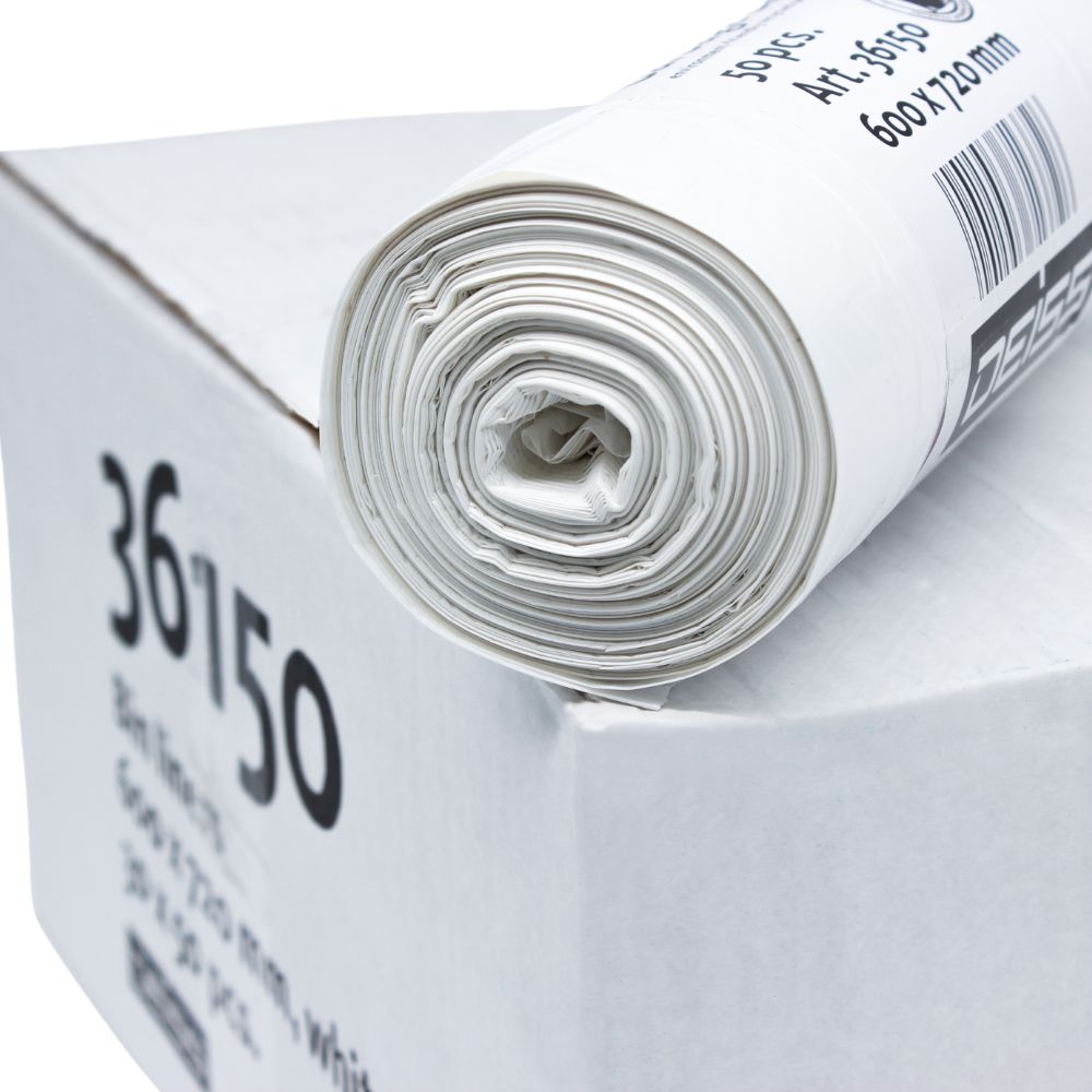 Un rouleau de sacs poubelle DEISS LDPE de 60 litres, fabriqué par EMIL DEISS KG (GmbH + Co.) pour une longue durabilité, est placé sur un carton blanc. Le rouleau est fermement enroulé et sur le carton on peut voir « 36150 » ainsi qu'un code-barres et d'autres informations imprimées indiquant une capacité de 60 litres.